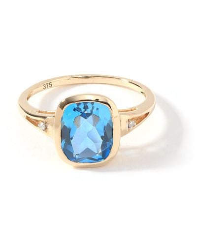 The Fine Collective Yellow Gold Cushion Cut Swiss Blue Topaz And Natural Diamond Ring