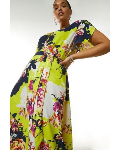 Karen Millen Plus Size Bold Floral Wrap Dress - Yellow