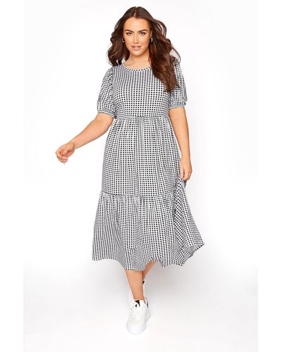Yours Short Puff Sleeve Midaxi Gingham Dress. - Grey