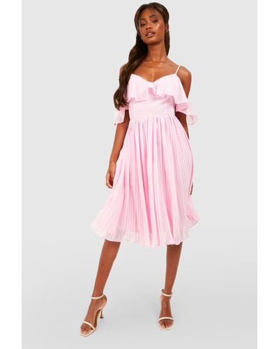 Boohoo Cold Shoulder Ruffle Midi Bridesmaid Dress - Pink