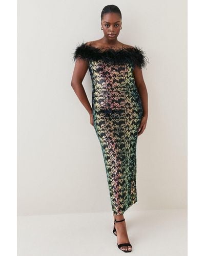 Karen Millen Plus Size Sequin Bardot Feather Trim Midaxi Dress - Multicolour