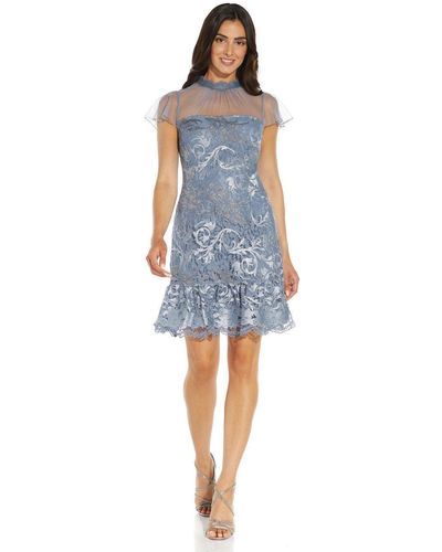 Adrianna Papell Embroidered Lace Flounce Dress - Blue