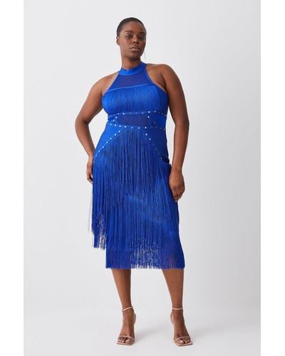 Karen Millen Plus Size Studded Fringe Mesh Insert Bandage Midi Dress - Blue