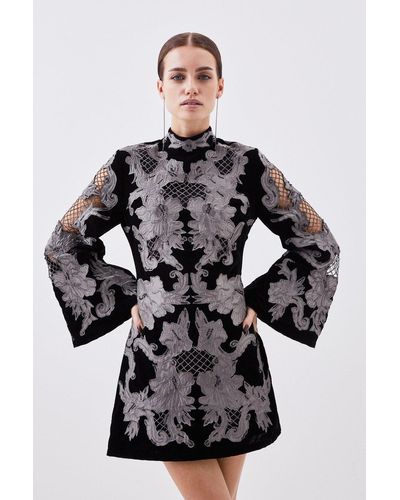 Karen Millen Petite Velvet Applique Woven Mini Dress - Metallic
