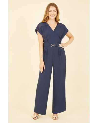 Yumi' Navy Wrap Jumpsuit With Mesh Panel And Belt Detail - Blue