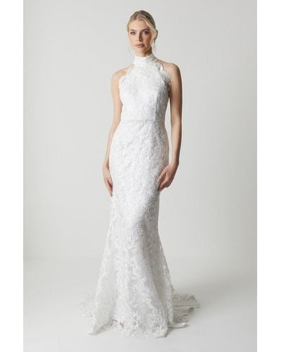 Coast High Neck Embroidered Mesh Wedding Dress With Train - White