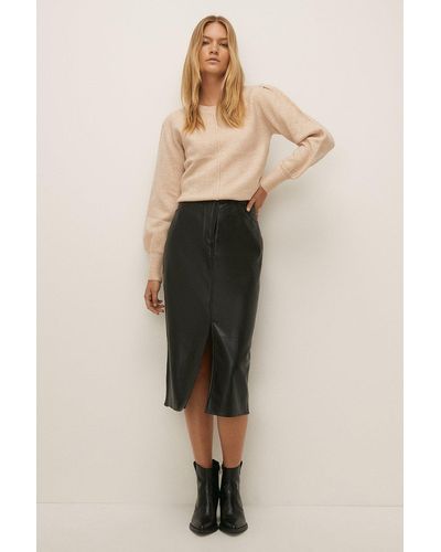 Oasis Split Front Faux Leather Midi Skirt - Natural