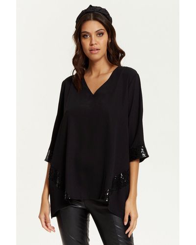 Hoxton Gal Oversized 3/4 Sleeves V Neck Top With Sequin Details - Black