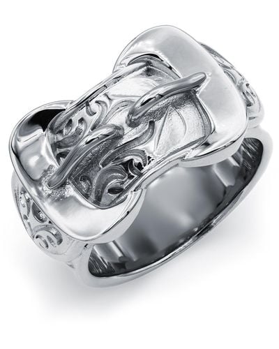 Jewelco London Rhodium Plated Silver Double Buckle Love Ring 11mm - Arn095 - Metallic