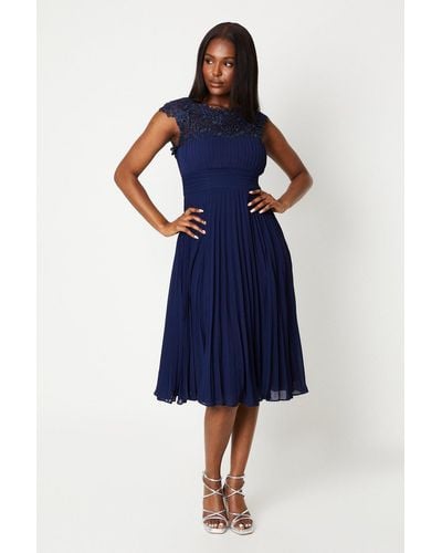 Coast Lace Top Pleated Skirt Midi Dress - Blue