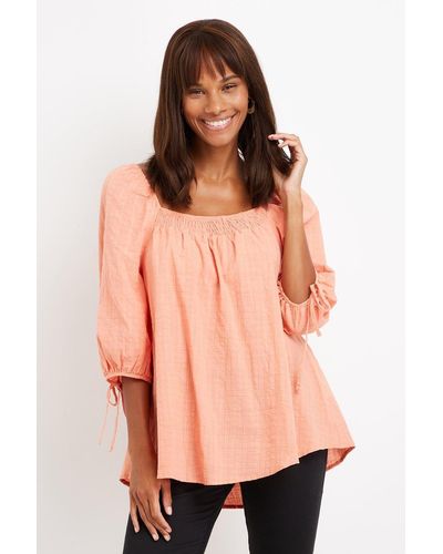 Wallis Coral Textured Plain Square Neck Top - Orange