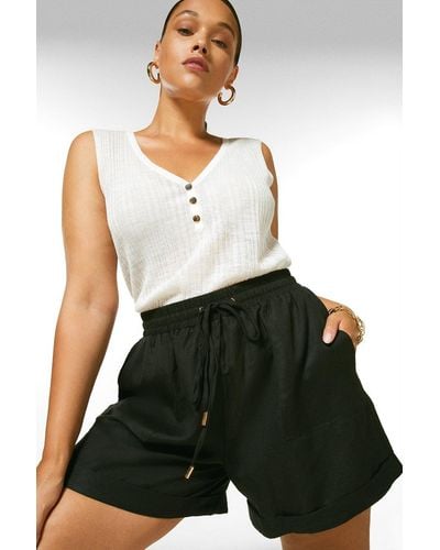 Karen Millen Plus Size Linen Viscose Woven Rib Waist Shorts - Black