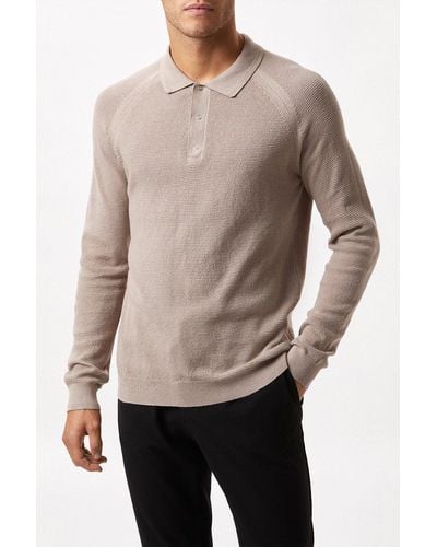 Burton Pure Cotton Stone Textured Long Sleeve Snap Knitted Polo Shirt - Natural