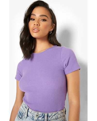 Boohoo Crew Neck Short Sleeve Bodysuit - Purple