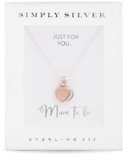 Simply Silver Gift Packaged 14ct Rose Gold Plated Sterling Silver Double Heart Necklace - White