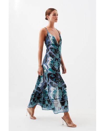 Karen Millen Petite Embellished Mirrored Print Strappy Maxi Beach Dress - Blue