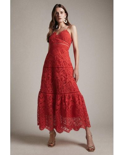 Karen Millen Eyelash Lace Midi Prom Dress - Red