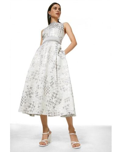 Karen Millen Houndstooth Jacquard Full Midi Dress - White