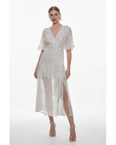 Karen Millen Sparkle Iridescent Wrap Midi Dress - White