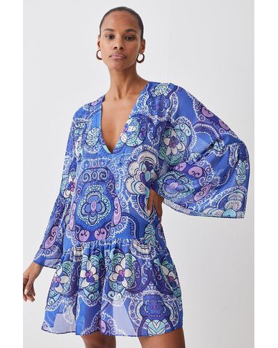 Karen Millen Embellished Batik Kimono Sleeve Beach Mini Dress. - Blue