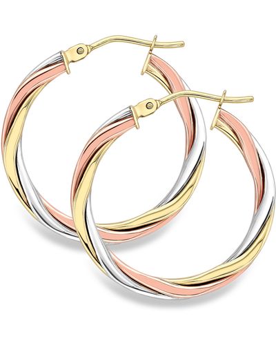 Jewelco London 9ct 3 Colour Gold Russian Wedding Ring Twist Hoop Earrings 2mm - Ernr02526 - White