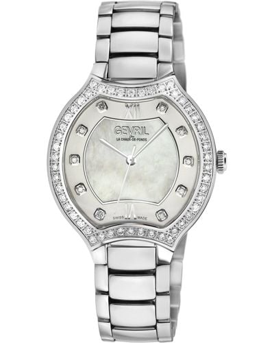 Gevril Lugano Swiss Diamond , White Mop Dial,316l Stainless Steel Case, 316l Stainless Steel Bracelet . Swiss Quartz Watch - Metallic