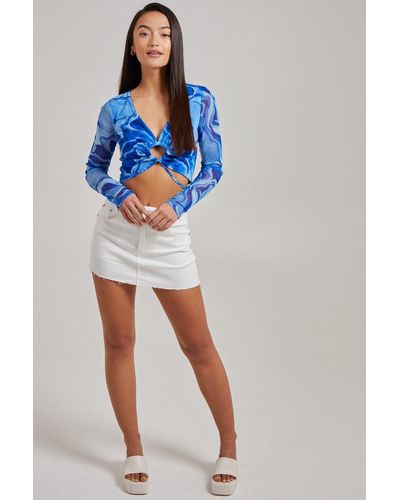 Pink Vanilla Mesh Marble Long Sleeve Cut Out Top - Blue