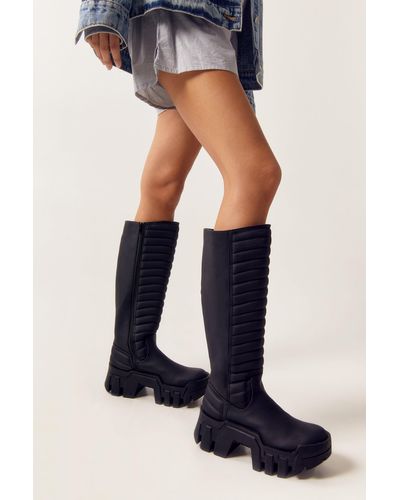 Nasty Gal Faux Leather Motocross Padded Chunky Knee High Boots - Black