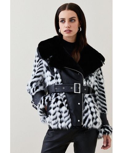 Karen Millen Petite Peplum Mono Faux Fur Pu Belted Jacket - Black