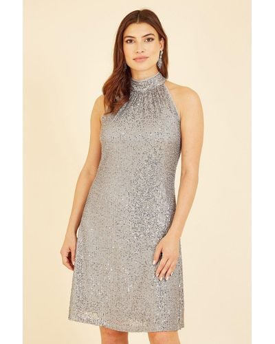Mela Silver Sequin Halter Dress - Metallic