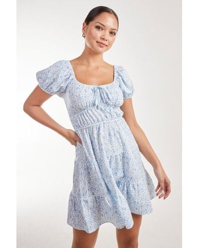 Pink Vanilla Puff Sleeve Printed Mini Dress - Blue