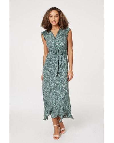 Izabel London Floral Frill Sleeve Midi Dress - Green