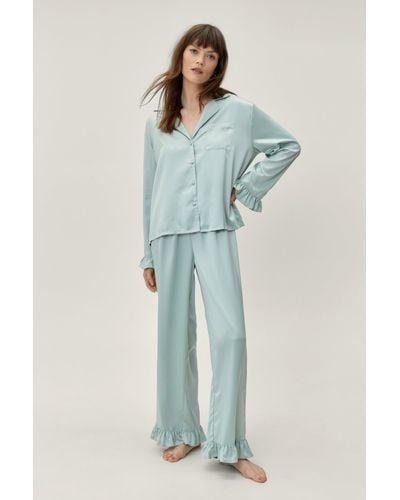 Nasty Gal Recycled Satin Long Ruffle Pyjama Trousers Set - Blue