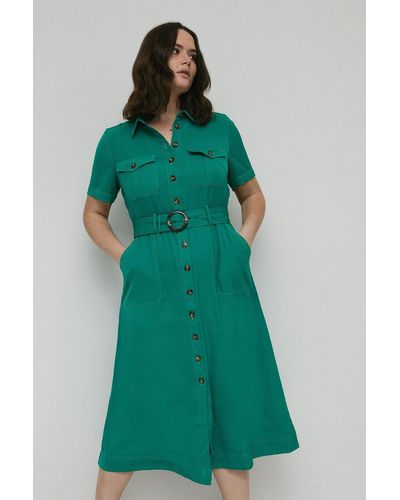 Warehouse Plus Size Twill Utility Belted Midi Shirt Dress - Green