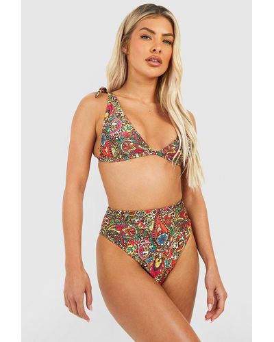 Boohoo Leopard Paisley High Waist Tie Bikini Set - Red