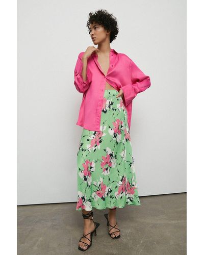 Warehouse Satin Slip Skirt In Floral - Pink