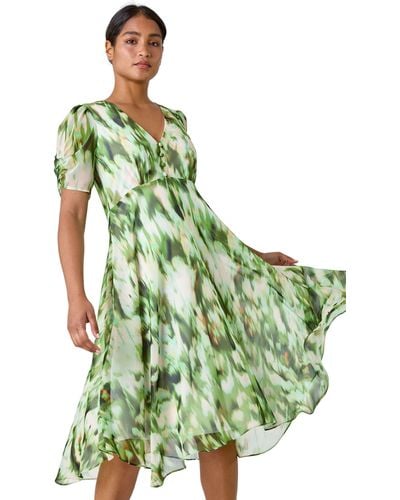 Roman Abstract Print Hanky Hem Chiffon Dress - Green