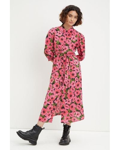 Dorothy Perkins Petite Pink And Green Floral Midi Shirt Dress - Red