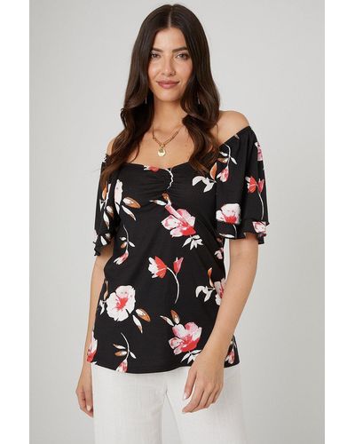 Wallis Red Floral Sweetheart Ruched Detail Jersey Top - Black