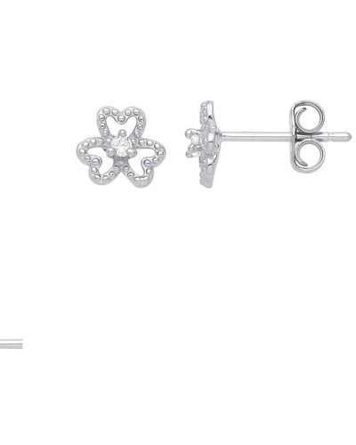 Jewelco London Silver Love Heart Beaded Clover Solitaire Stud Earrings - Gve949 - Metallic