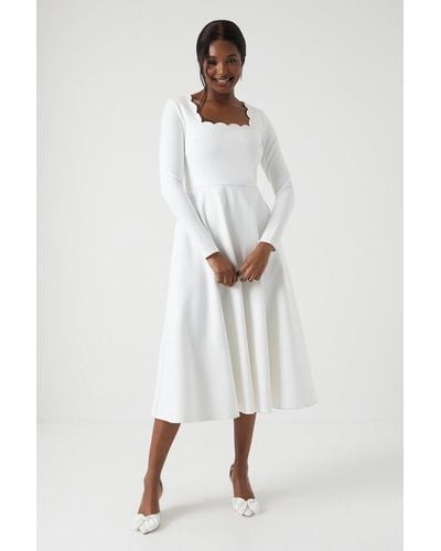 Coast Scallop Neckline Long Sleeve Midi Wedding Dress - White