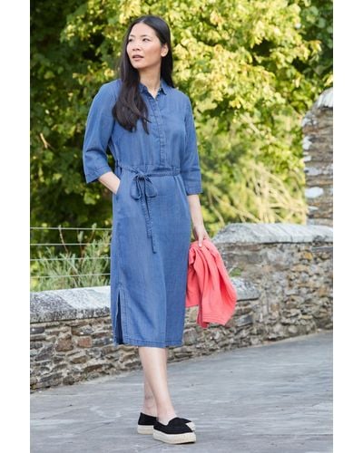 LILY & ME Shirt Collar And Half Buttoned Front Daybreak Midi Denim Dress Covered - Blue