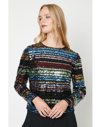 Oasis Rainbow Stripe Sequin Longsleeve Top - Black