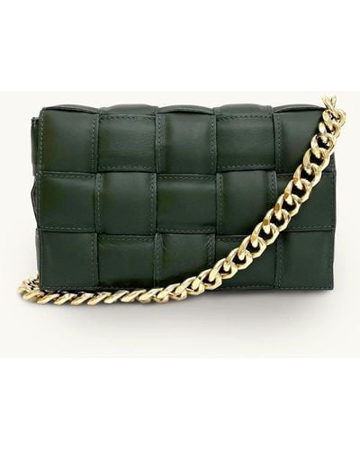 Apatchy London Padded Woven Leather Crossbody Bag With Chunky Shoulder Chain Strap - Green
