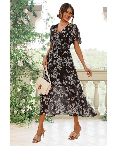 FS Collection Leopard Floral Print Angel Sleeve Maxi Dress In Black