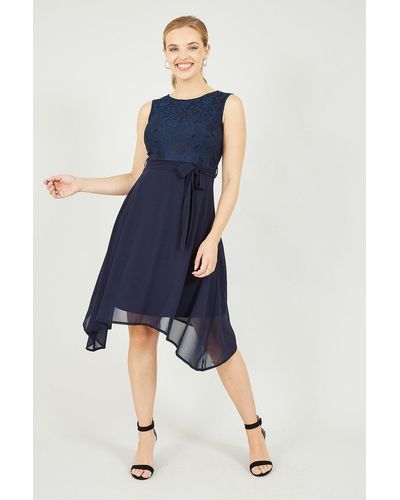 Mela Navy Lace And Woven Dipped Hem Dress - Blue