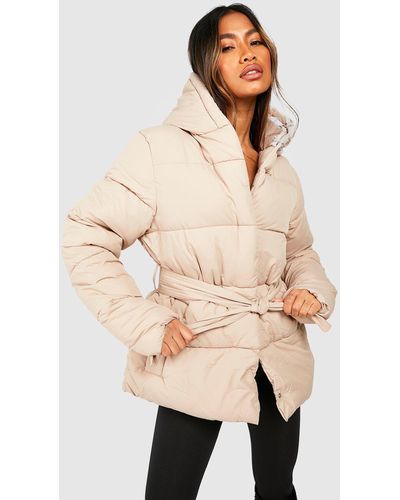 Boohoo Belted Puffer Jacket - Natural