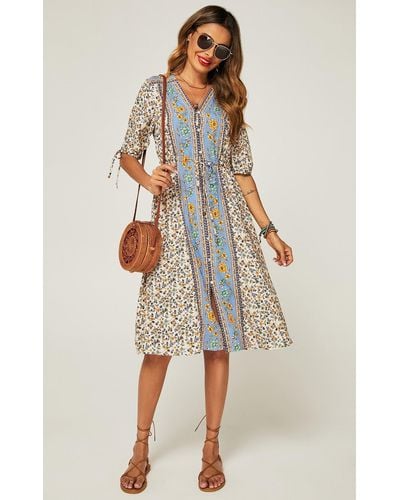 FS Collection Relaxed Blue Block Colour Floral Printed Skater Midi Dress In Beige - Multicolour