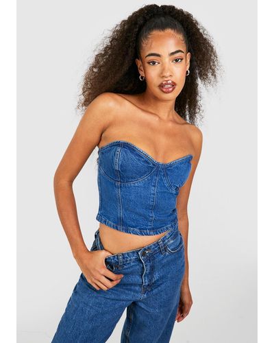 Boohoo Cup Detail Cropped Denim Corset Top - Blue