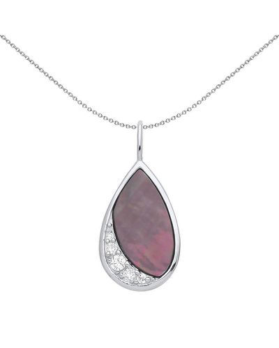 Jewelco London Silver Mother Of Pearl & Cz Pear Shaped Necklace - Gvp551 - Purple